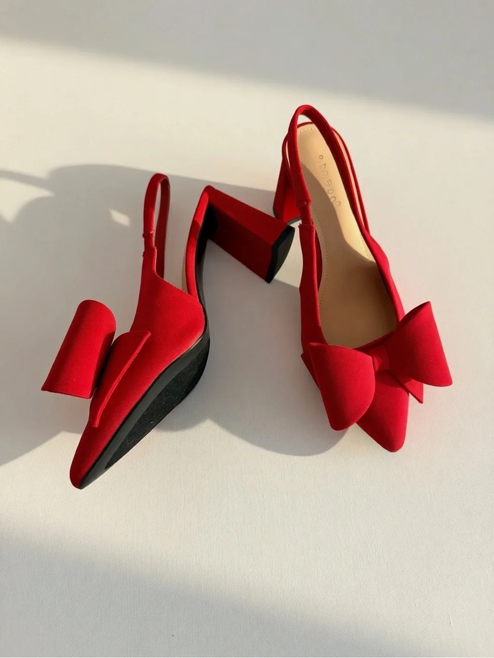 Red Bow Pointed Toe Slingback Blocked Heels- Women
